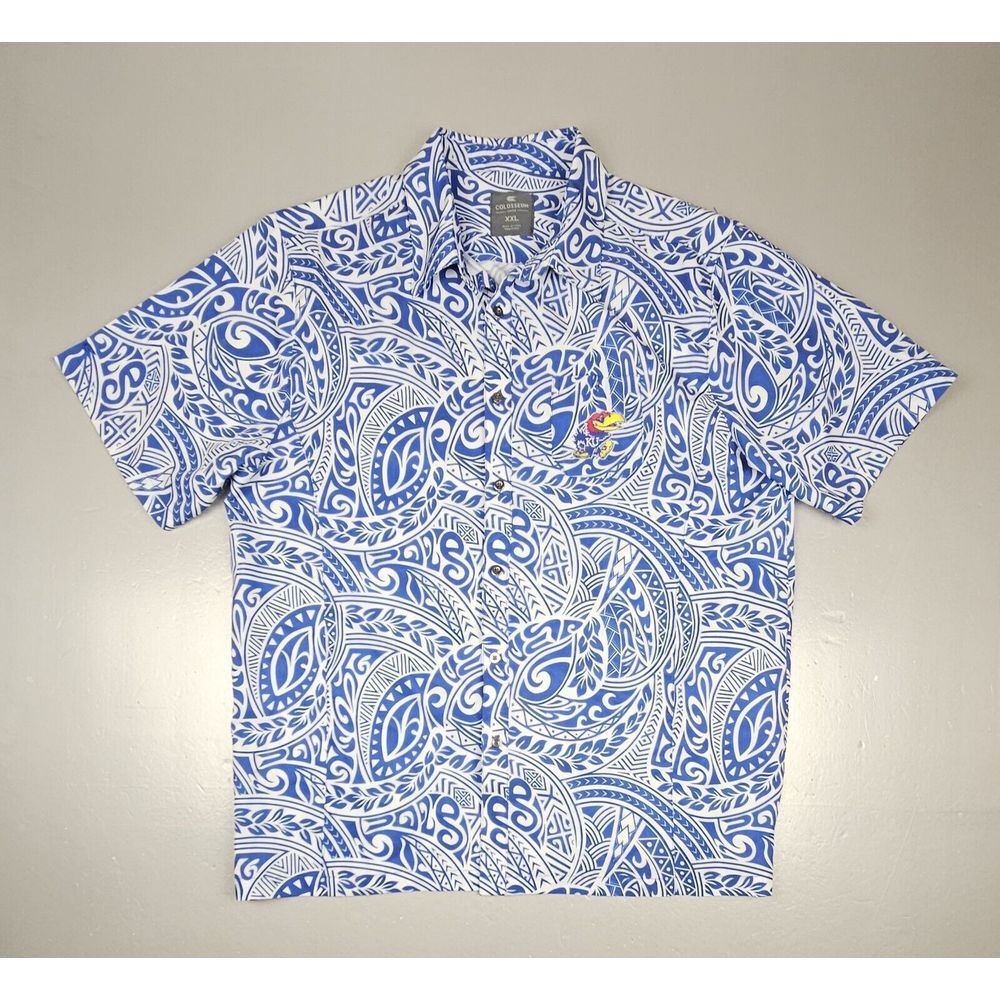 Colosseum Kansas Jayhawks Hawaiian Shirt Mens 2XL. Tribel Blue White Button Up